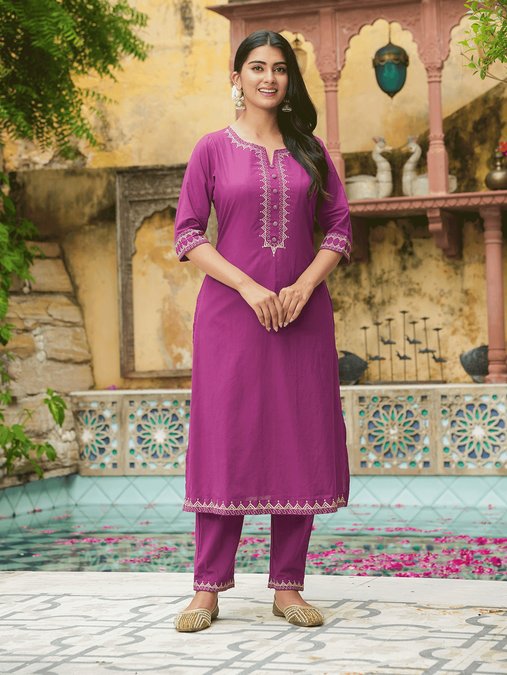 Embroidered Soft Cotton Solid A-line Purple Kurta Set