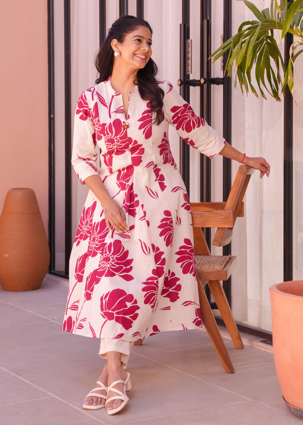 Linen Cotton Floral Flared Cream Kurta & Trouser