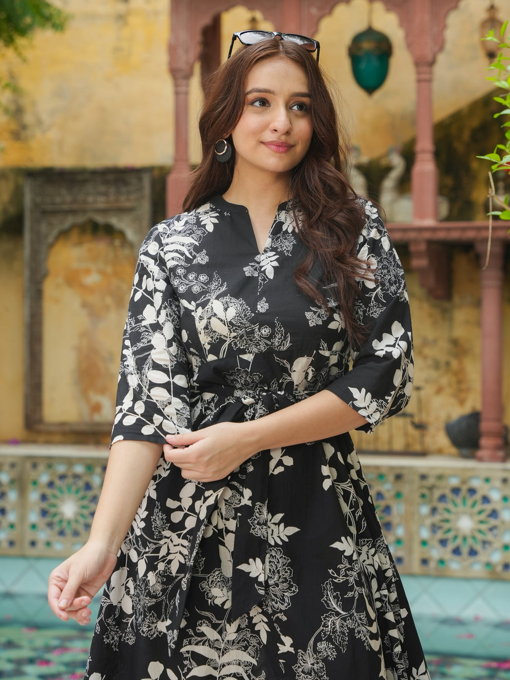 Soft Cotton Floral High Low Black Dress