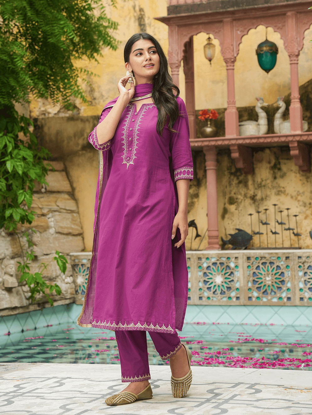 Embroidered Soft Cotton Solid A-line Purple Kurta Set