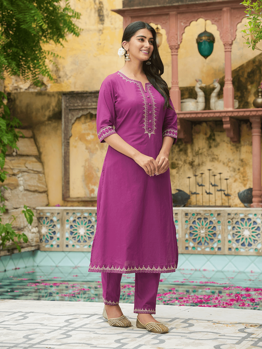 Embroidered Soft Cotton Solid A-line Purple Kurta Set