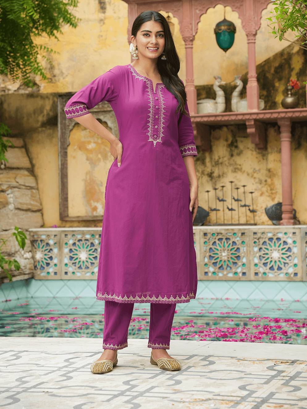 Embroidered Soft Cotton Solid A-line Purple Kurta Set