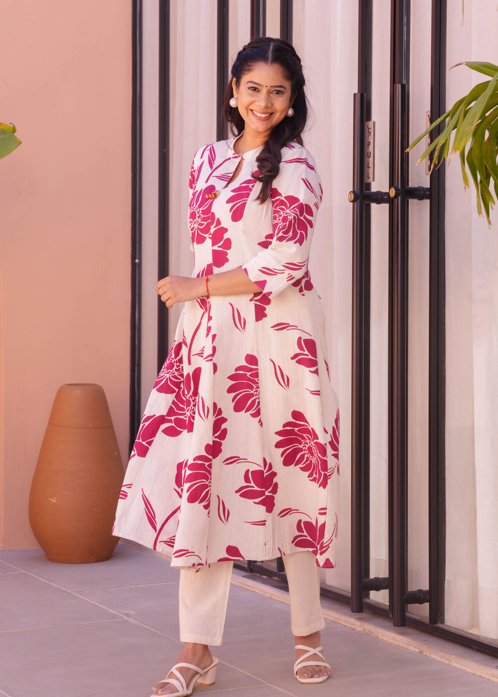 Linen Cotton Floral Flared Cream Kurta & Trouser