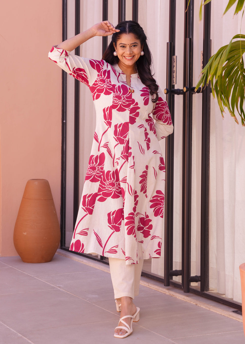 Linen Cotton Floral Flared Cream Kurta & Trouser