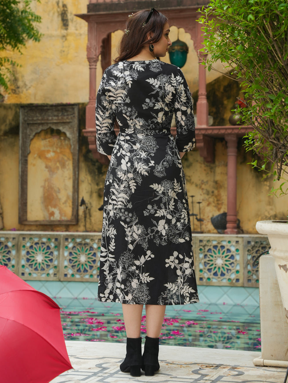 Soft Cotton Floral High Low Black Dress