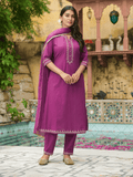 Embroidered Soft Cotton Solid A-line Purple Kurta Set