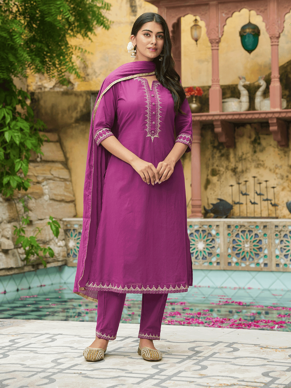 Embroidered Soft Cotton Solid A-line Purple Kurta Set