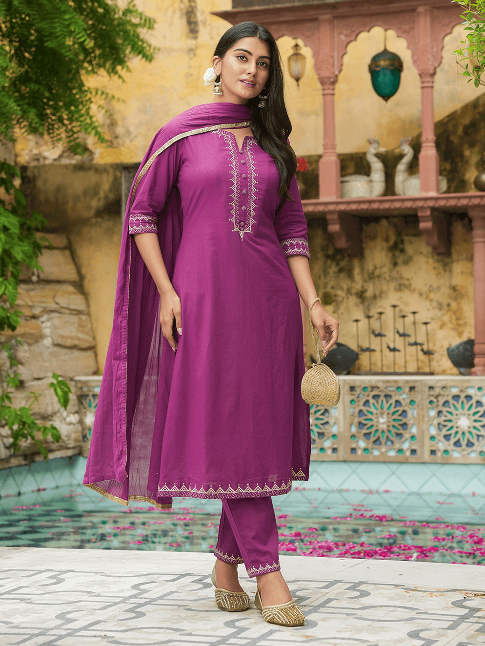 Embroidered Soft Cotton Solid A-line Purple Kurta Set