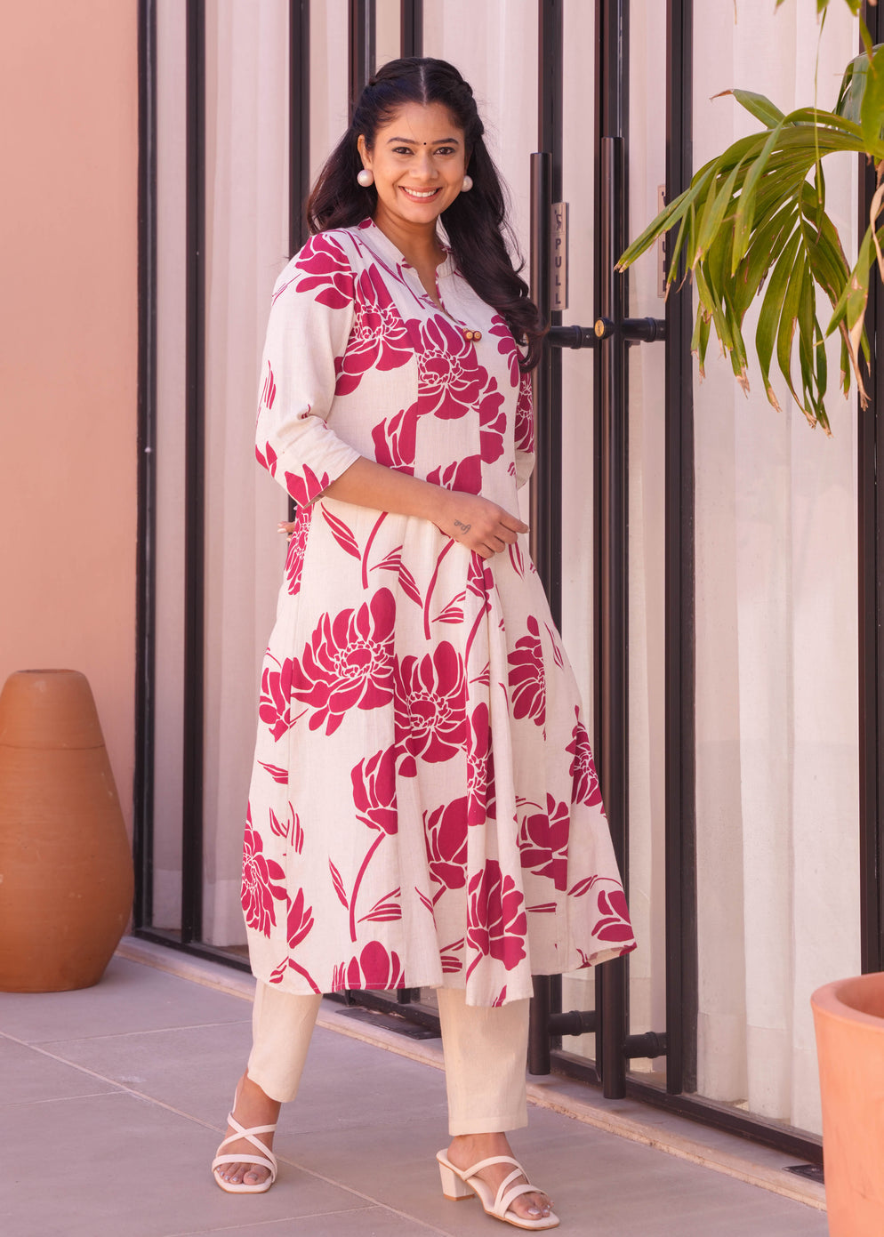 Linen Cotton Floral Flared Cream Kurta & Trouser