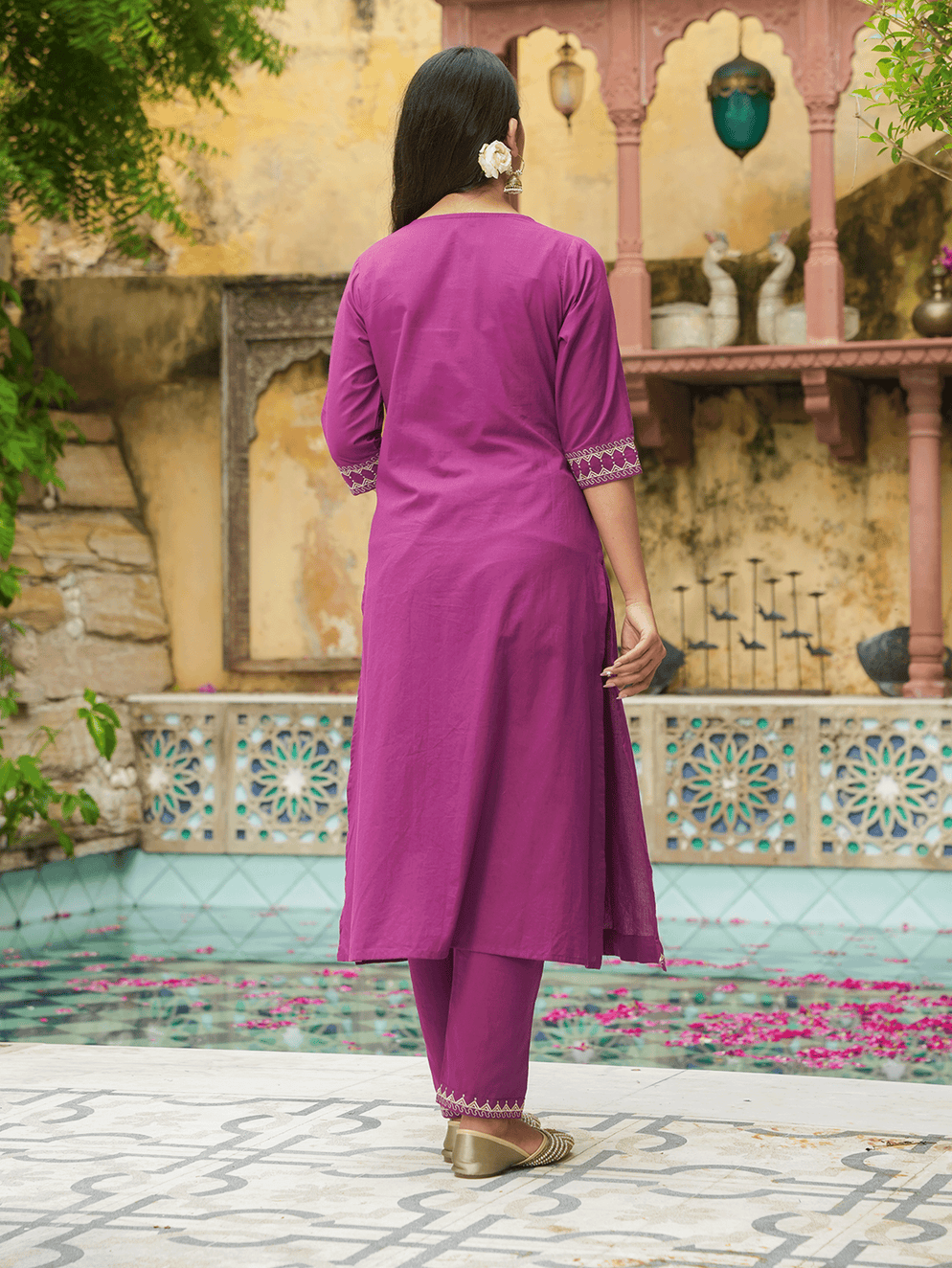 Embroidered Soft Cotton Solid A-line Purple Kurta Set