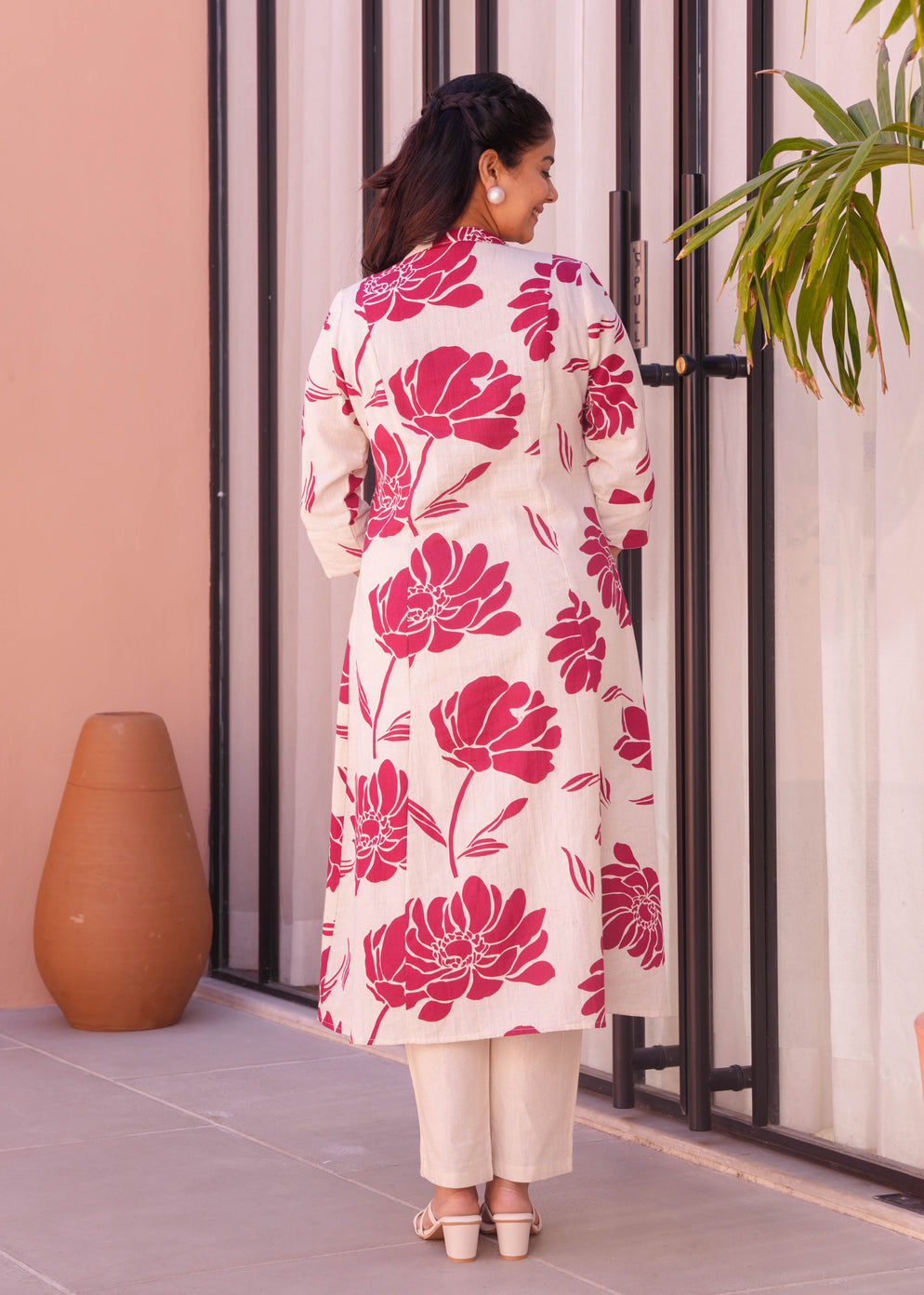 Linen Cotton Floral Flared Cream Kurta & Trouser
