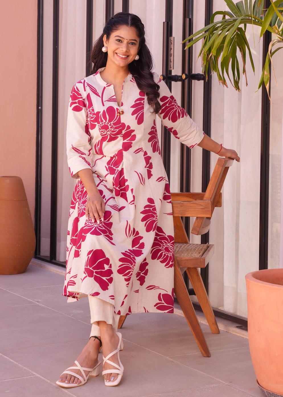 Linen Cotton Floral Flared Cream Kurta & Trouser