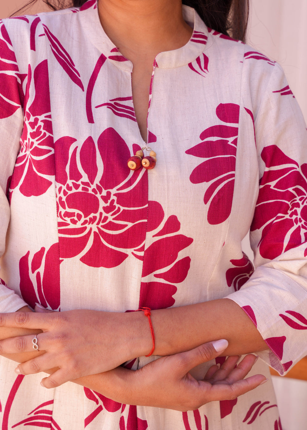 Linen Cotton Floral Flared Cream Kurta & Trouser