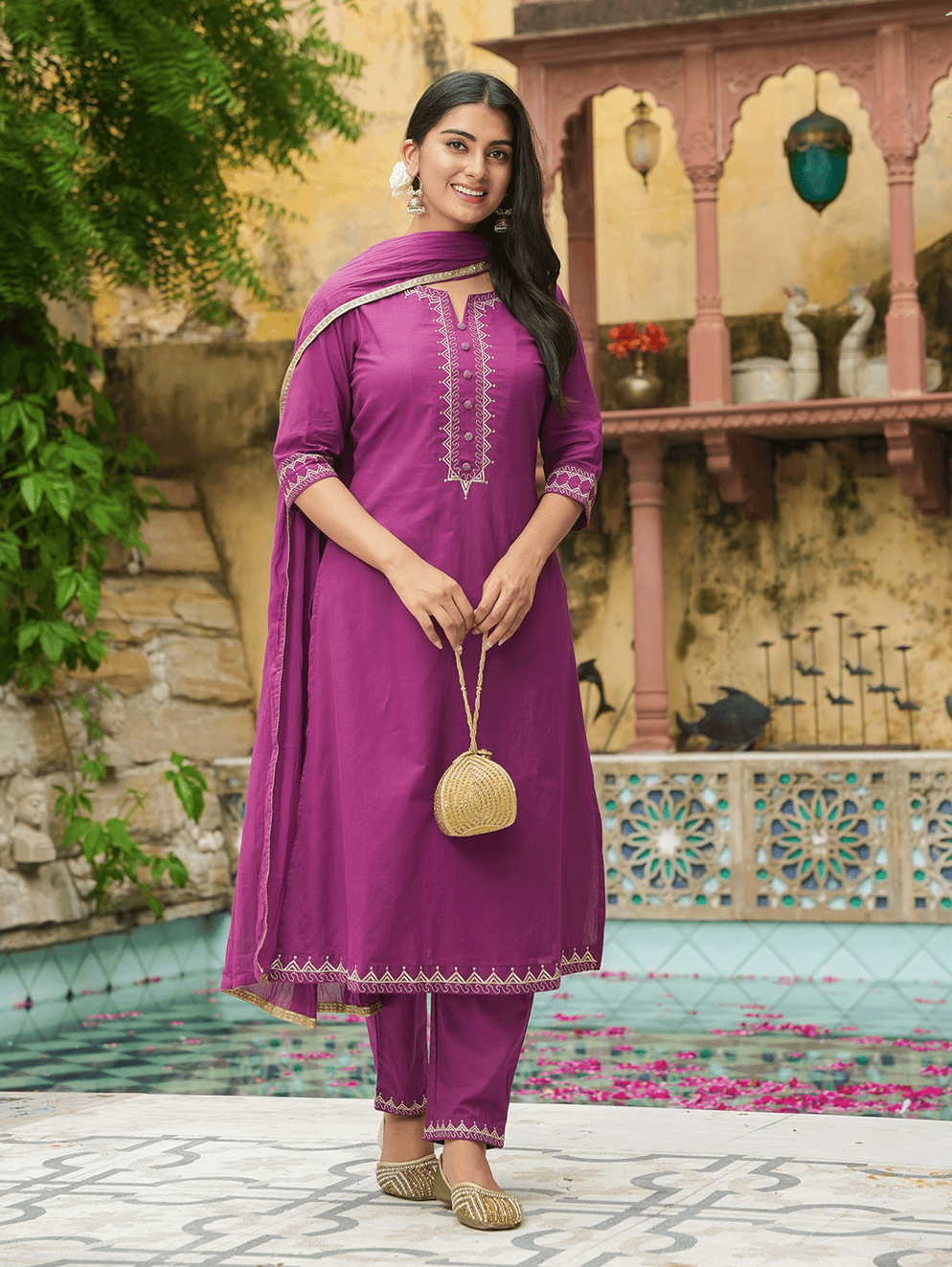 Embroidered Soft Cotton Solid A-line Purple Kurta Set