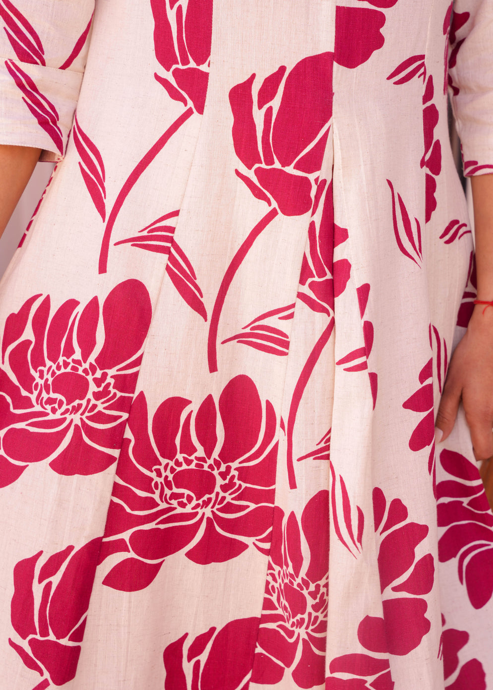 Linen Cotton Floral Flared Cream Kurta & Trouser