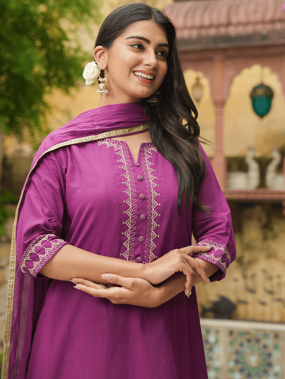 Embroidered Soft Cotton Solid A-line Purple Kurta Set