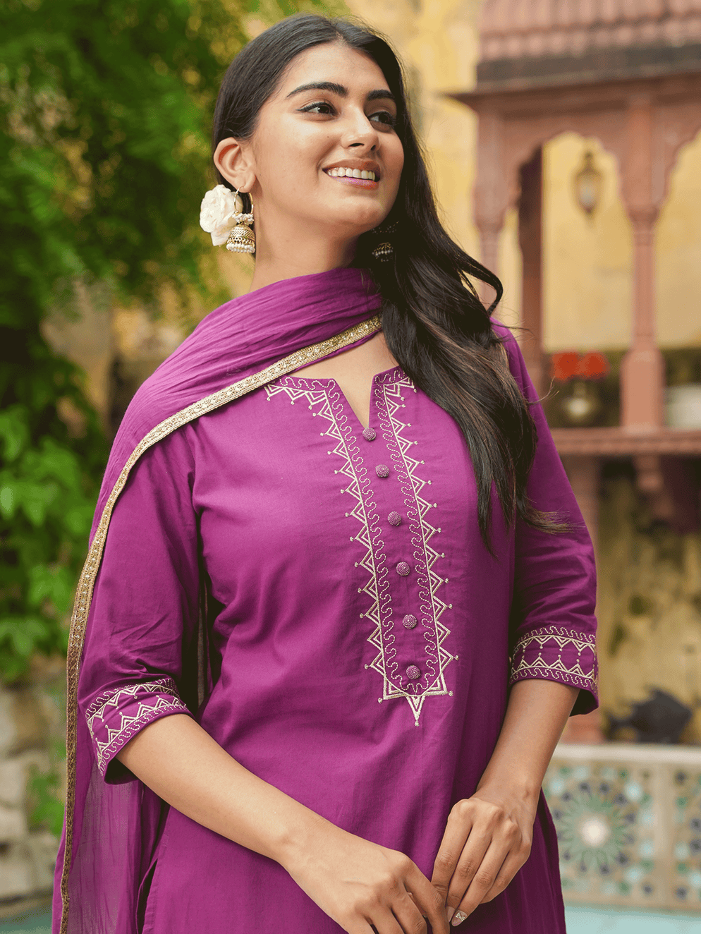 Embroidered Soft Cotton Solid A-line Purple Kurta Set