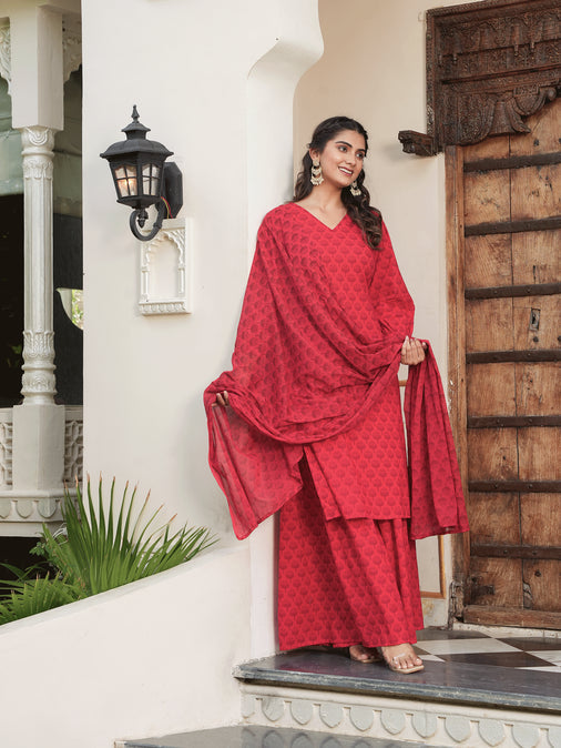 Cotton Voile Floral Red Dupatta