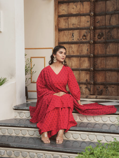 Cotton Voile Floral Red Dupatta