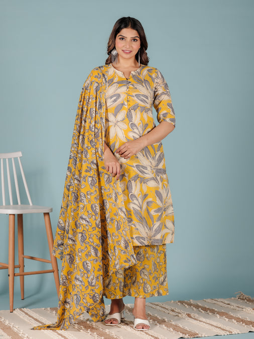 Cotton Voile Floral Yellow Dupatta