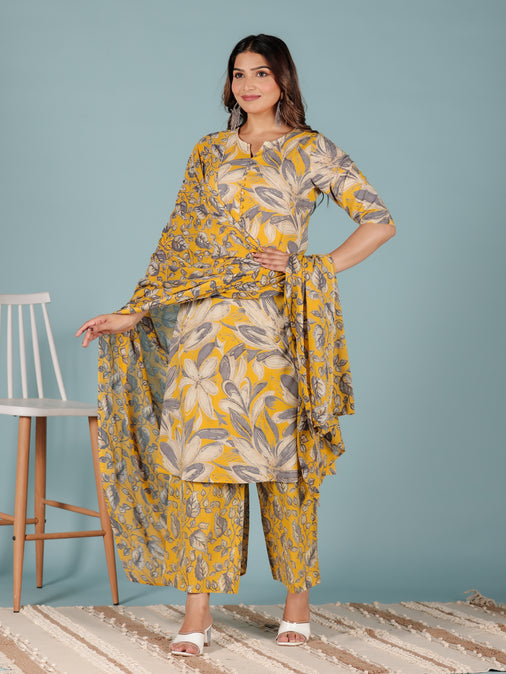 Cotton Voile Floral Yellow Dupatta