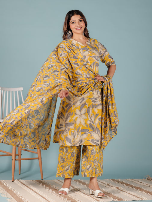 Cotton Voile Floral Yellow Dupatta