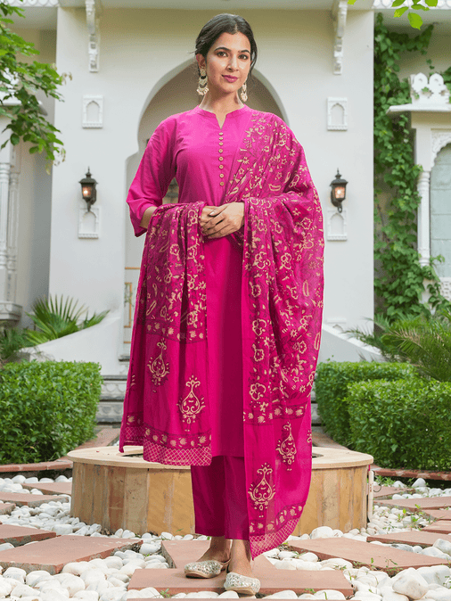 Cotton Voile Block Print Fuchsia Dupatta