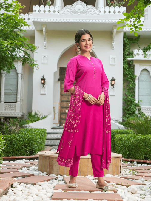 Cotton Voile Block Print Fuchsia Dupatta