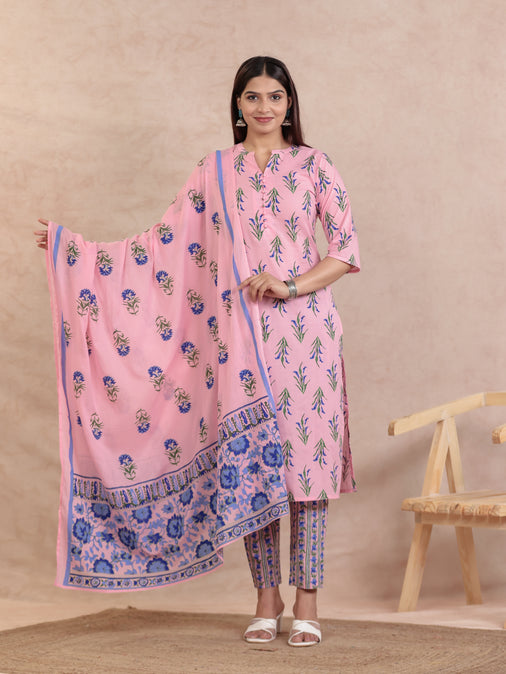 Cotton Voile Block Print Pink Dupatta