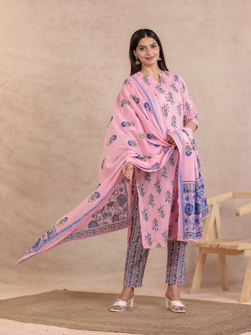 Cotton Voile Block Print Pink Dupatta