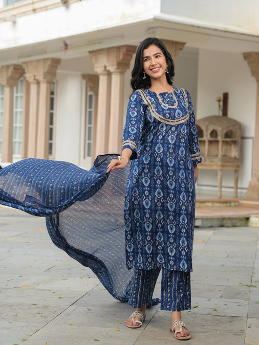 Soft Cotton Ikat Indigo Dupatta