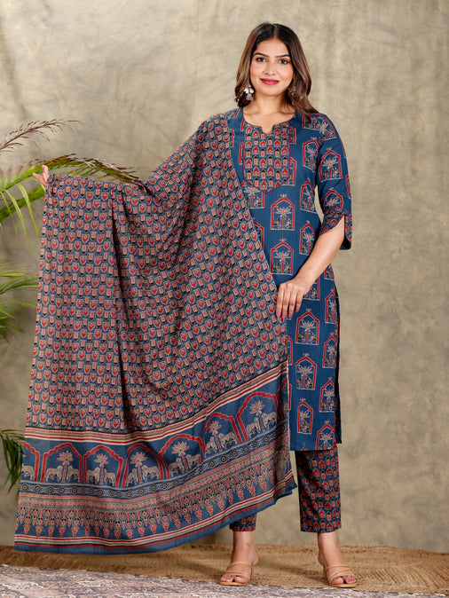Cotton Voile Geometric Blue Dupatta