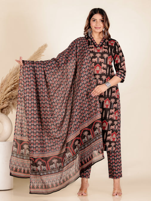Cotton Voile Mughal Print Black Dupatta