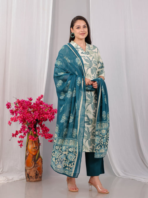 Cotton Voile Floral Teal Dupatta