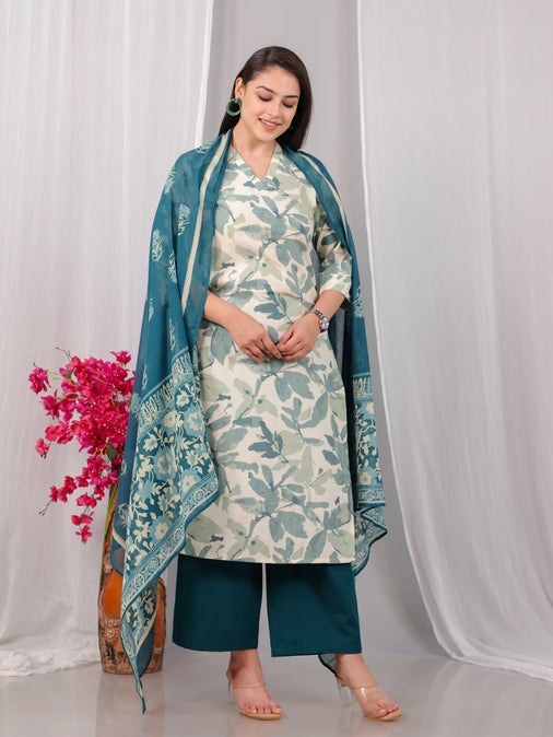 Cotton Voile Floral Teal Dupatta