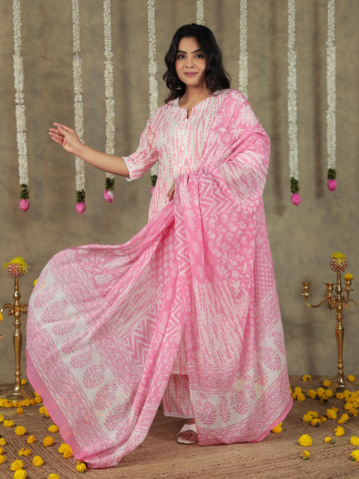 Cotton Voile Geometric Pink Dupatta