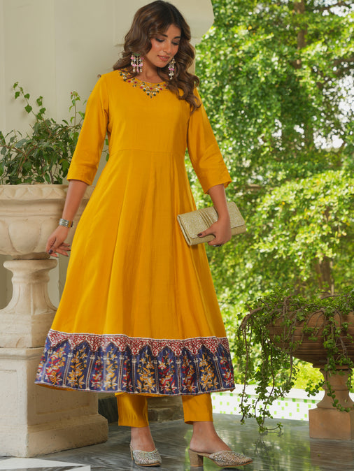 Embroidered Muslin Solid Flared Yellow Kurta, Trousers & Dupatta