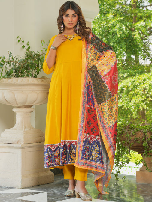 Embroidered Muslin Solid Flared Yellow Kurta, Trousers & Dupatta