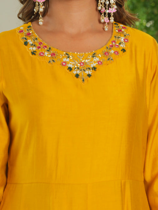Embroidered Muslin Solid Flared Yellow Kurta, Trousers & Dupatta