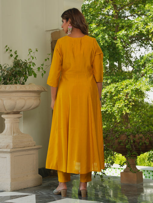 Embroidered Muslin Solid Flared Yellow Kurta, Trousers & Dupatta