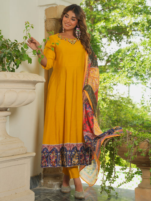Embroidered Muslin Solid Flared Yellow Kurta, Trousers & Dupatta