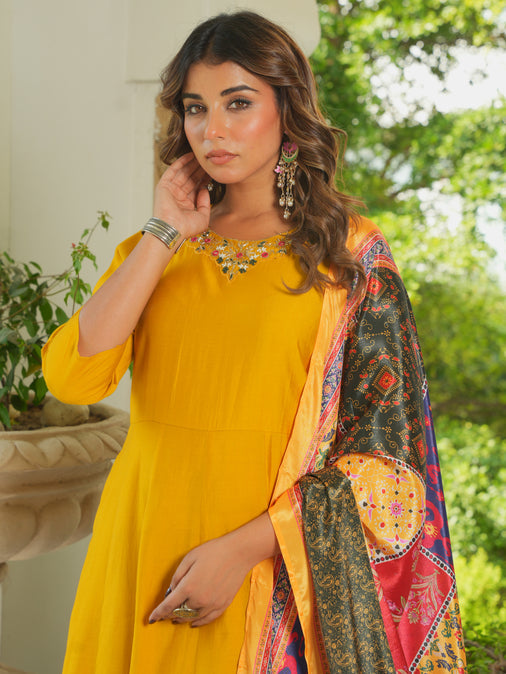 Embroidered Muslin Solid Flared Yellow Kurta, Trousers & Dupatta