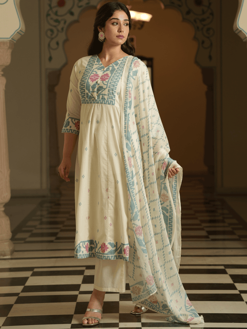 Cotton Voile Geometric Off White Dupatta
