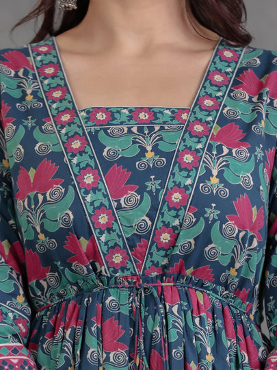 Soft Cotton Floral Anarkali Blue Dress