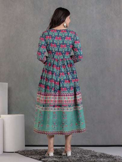 Soft Cotton Floral Anarkali Blue Dress