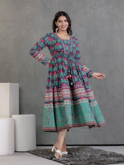 Soft Cotton Floral Anarkali Blue Dress