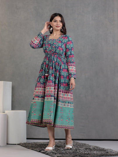 Soft Cotton Floral Anarkali Blue Dress