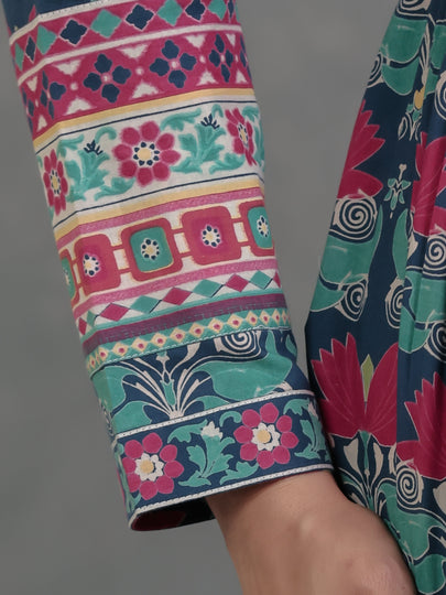 Soft Cotton Floral Anarkali Blue Dress