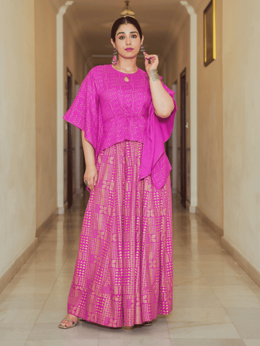 Viscose Gold foil Asymmetric Kaftan Pink Top & Skirt