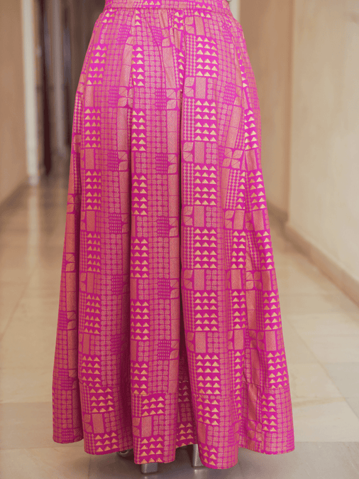 Viscose Gold foil Asymmetric Kaftan Pink Top & Skirt